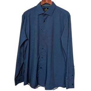 Tom Baine Performance Shirt Men XL 17-17.5 Slim Blue Micro Dot Stretch Geometric